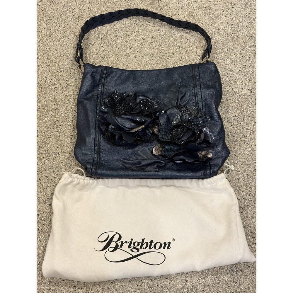 BRIGHTON BLUE RHAPSODY MASTERPIECE 3D FLORAL LEATHER APPLIQUE SHOULDER BAG NICE!